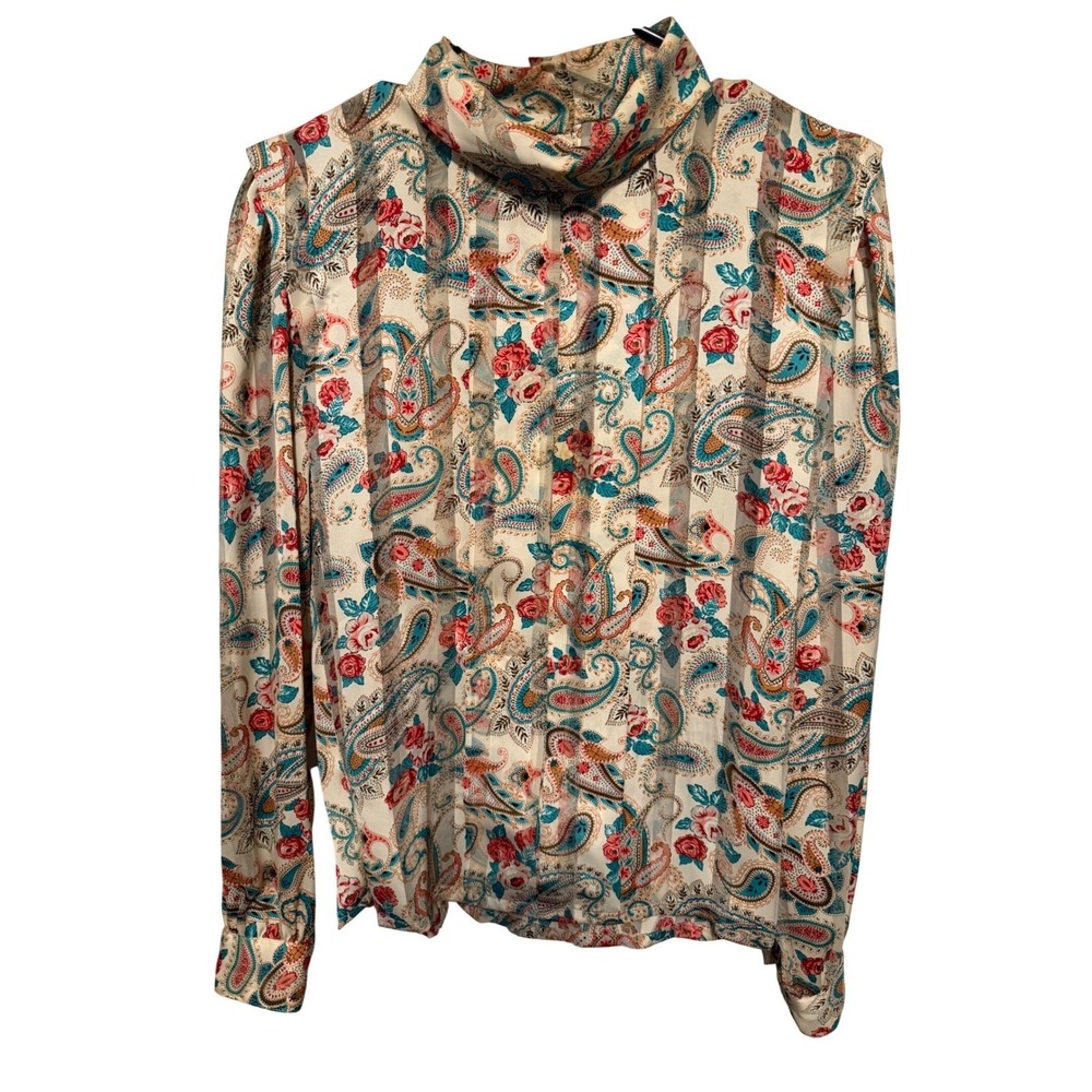 NICOLA Womens 12 Paisley Floral Print Long Sleeve Button Up Blouse Top Cream